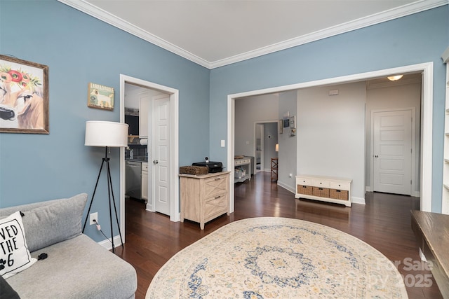 bedroom featuring ornamental molding and dark hardwood / wood-style floors