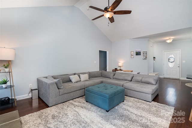 living room with dark wood-type flooring, high vaulted ceiling, and ceiling fan