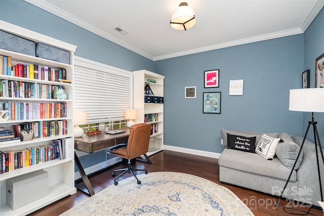 office featuring crown molding and dark wood-type flooring