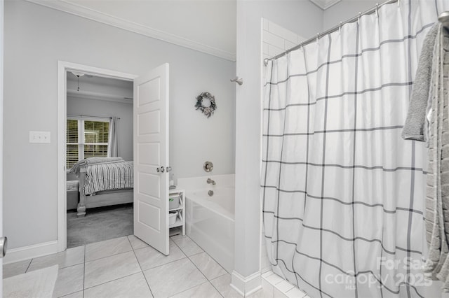 bathroom with ornamental molding, shower with separate bathtub, and tile patterned flooring