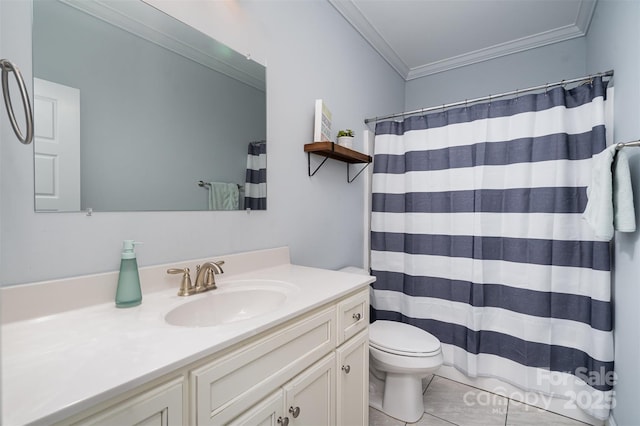 bathroom featuring vanity, ornamental molding, tile patterned floors, toilet, and walk in shower