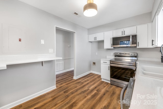 kitchen with white cabinetry, appliances with stainless steel finishes, electric panel, and dark hardwood / wood-style flooring