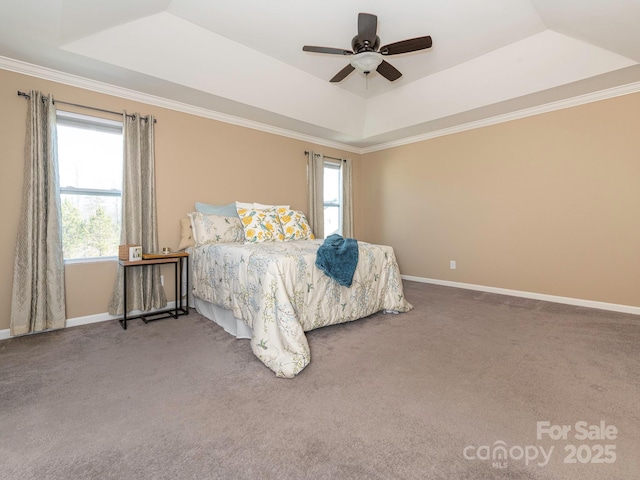 bedroom featuring carpet floors, ceiling fan, and a tray ceiling