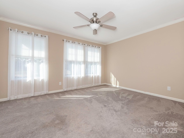 unfurnished room featuring ornamental molding, carpet floors, and ceiling fan