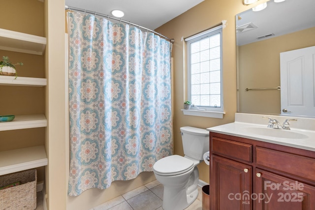 full bath featuring tile patterned flooring, visible vents, toilet, and vanity