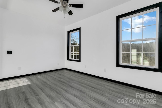 unfurnished room with hardwood / wood-style flooring and ceiling fan