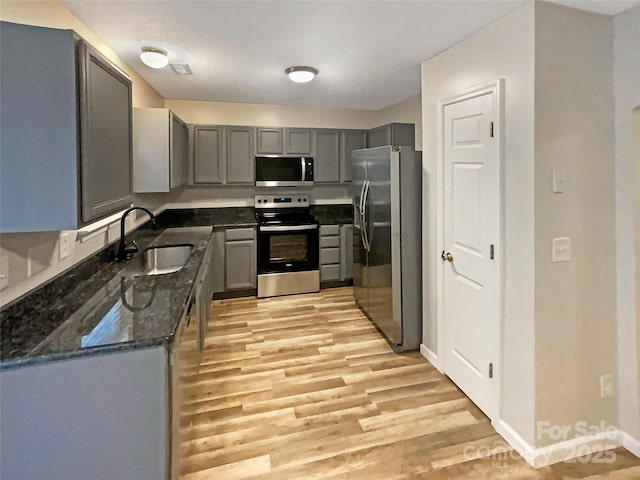 kitchen featuring stainless steel appliances, dark stone countertops, sink, and gray cabinetry