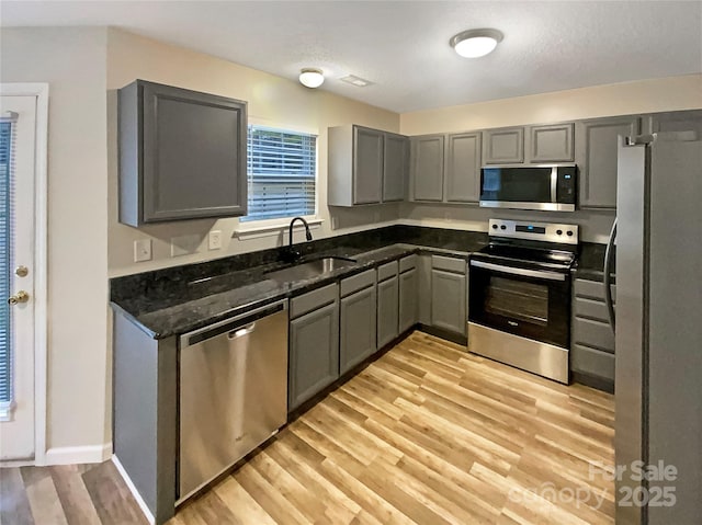 kitchen featuring sink, gray cabinetry, stainless steel appliances, light hardwood / wood-style floors, and dark stone counters