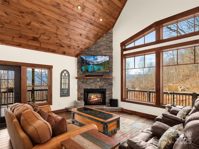 living room featuring a stone fireplace, plenty of natural light, and wood-type flooring