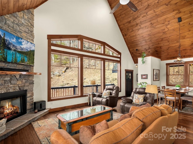 living room with a stone fireplace, high vaulted ceiling, wooden ceiling, hardwood / wood-style flooring, and ceiling fan