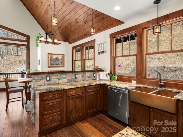 kitchen featuring lofted ceiling, wood ceiling, a wealth of natural light, decorative light fixtures, and stainless steel dishwasher