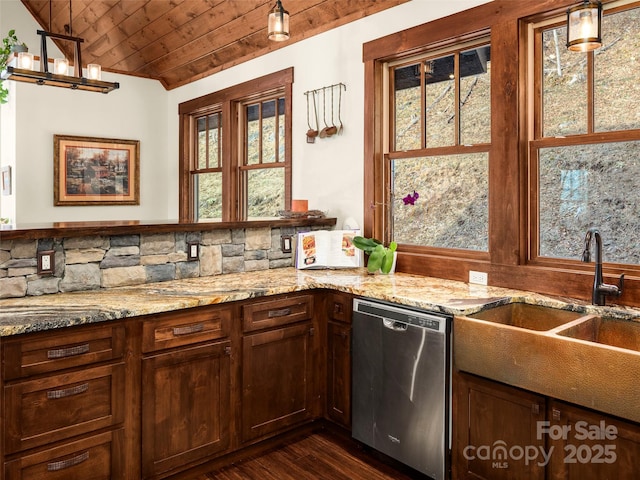 kitchen with dark wood-type flooring, dishwasher, a healthy amount of sunlight, vaulted ceiling, and wooden ceiling