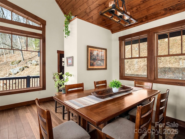 dining area with vaulted ceiling, hardwood / wood-style floors, and wood ceiling