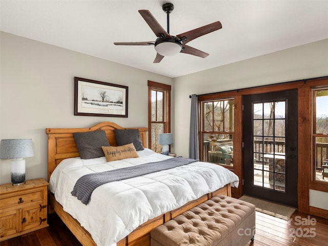 bedroom featuring wood-type flooring, access to exterior, and ceiling fan