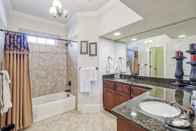 bathroom with shower / bath combo, crown molding, vanity, and an inviting chandelier