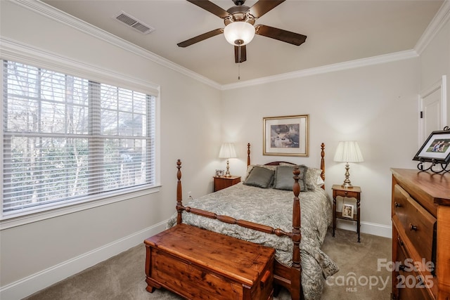 bedroom with crown molding, ceiling fan, and light colored carpet