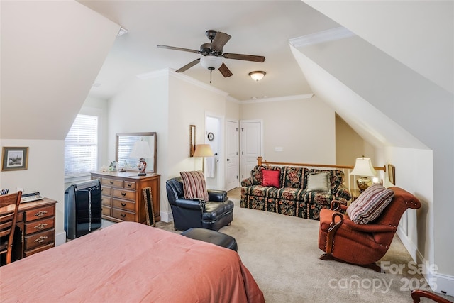 carpeted bedroom featuring crown molding, ceiling fan, and lofted ceiling