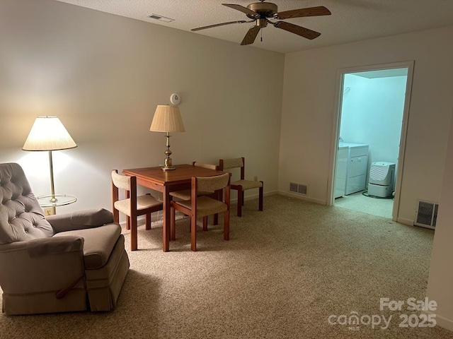 living area featuring ceiling fan, carpet, and washer and dryer