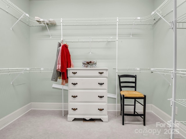 walk in closet with light carpet