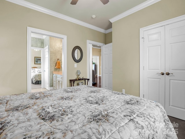 bedroom featuring a closet, crown molding, ceiling fan, and ensuite bath