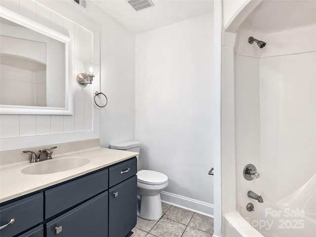 full bath with toilet, vanity, visible vents,  shower combination, and tile patterned floors