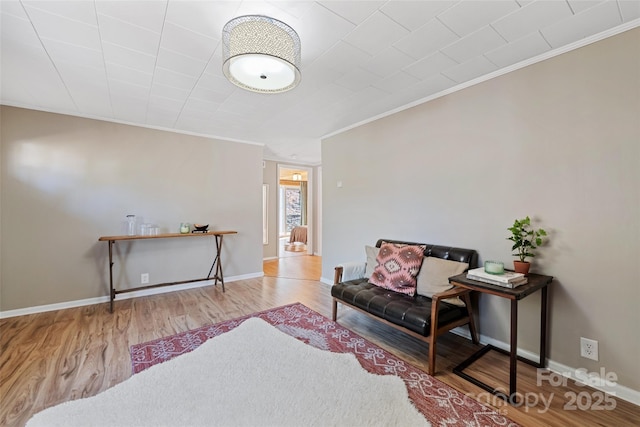 living area with ornamental molding and light wood-type flooring