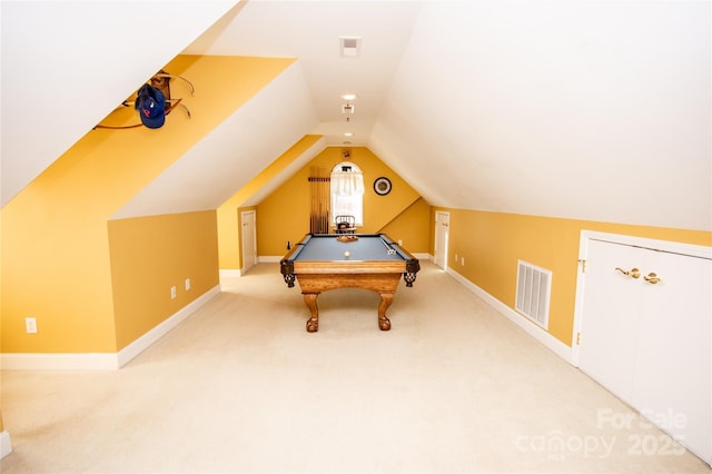 game room featuring vaulted ceiling and carpet floors