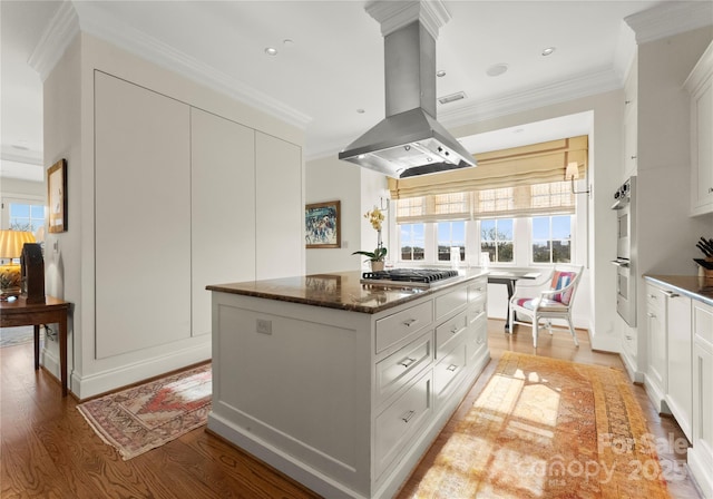 kitchen with white cabinetry, island range hood, dark stone countertops, appliances with stainless steel finishes, and a kitchen island