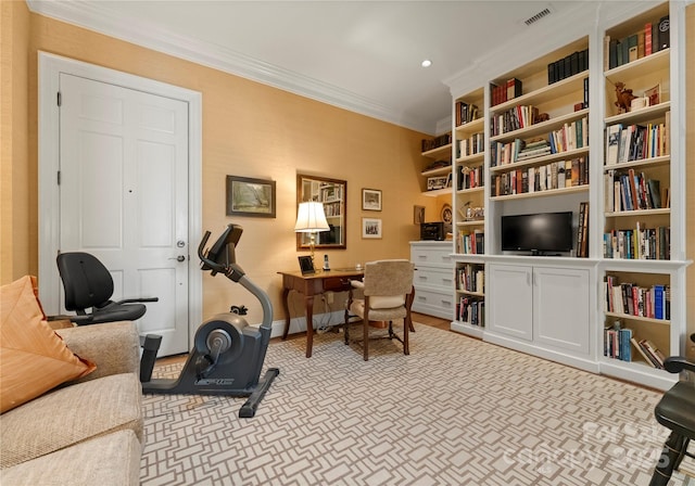 office area with ornamental molding