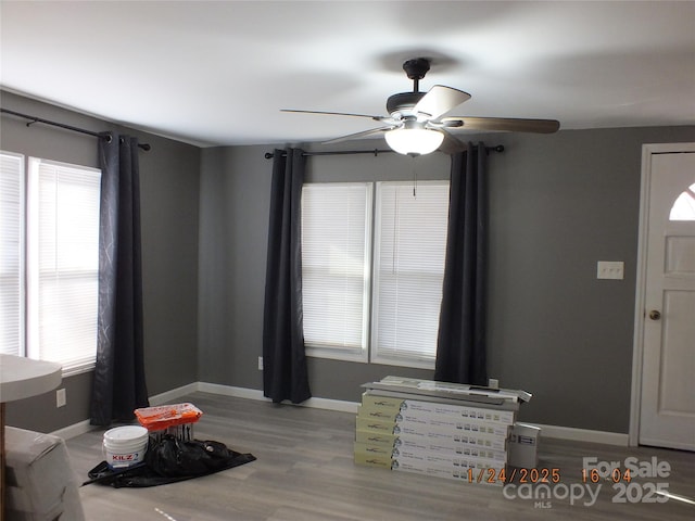 entryway with plenty of natural light, ceiling fan, and light wood-type flooring