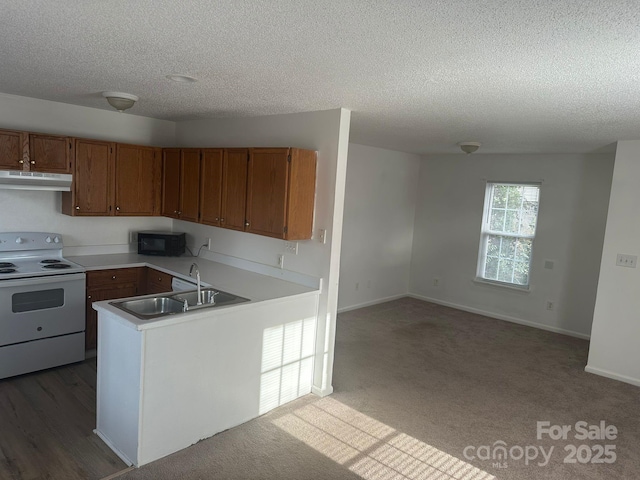 kitchen featuring white electric range, kitchen peninsula, sink, and light carpet