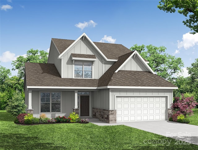 craftsman house featuring a garage, concrete driveway, board and batten siding, and a front yard