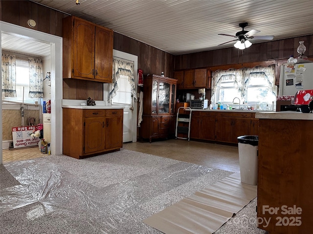 kitchen with sink, plenty of natural light, ceiling fan, and wood walls