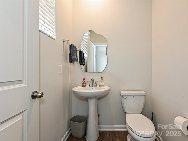 bathroom with hardwood / wood-style floors, sink, and toilet