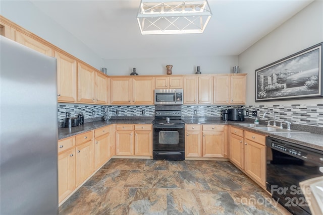 kitchen featuring tasteful backsplash, sink, black appliances, and light brown cabinets