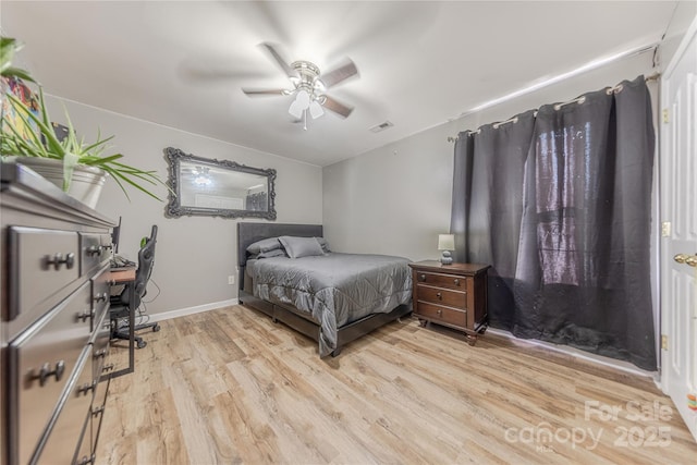 bedroom with ceiling fan and light hardwood / wood-style floors