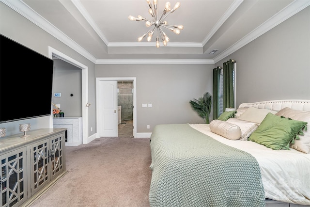 carpeted bedroom featuring crown molding, a tray ceiling, baseboards, and a notable chandelier