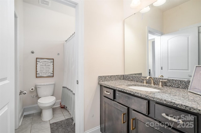 bathroom featuring baseboards, visible vents, toilet, tile patterned floors, and vanity