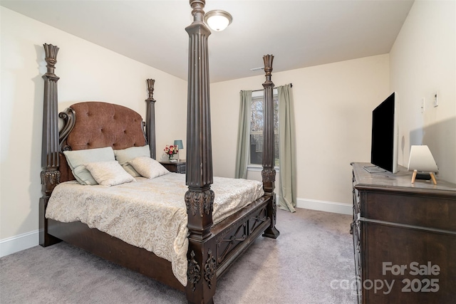 bedroom featuring light carpet, visible vents, and baseboards