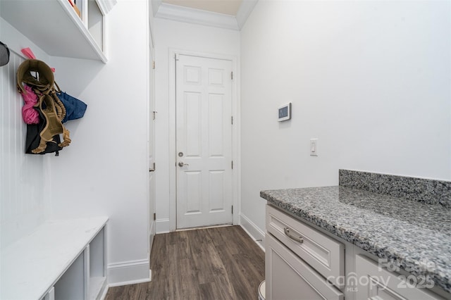 mudroom with baseboards, dark wood-type flooring, and crown molding