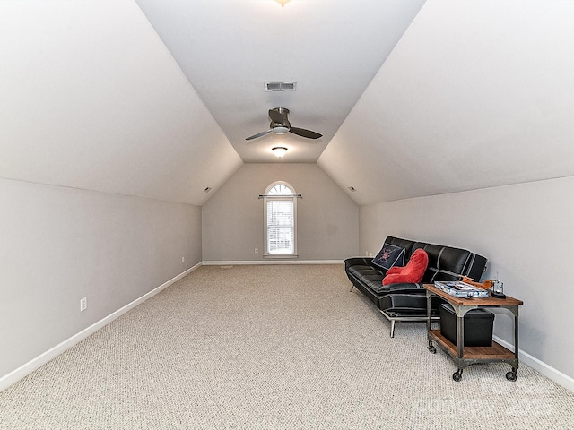 additional living space featuring lofted ceiling, carpet floors, and ceiling fan