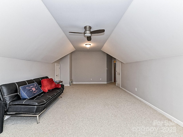 bonus room featuring ceiling fan, lofted ceiling, and carpet floors