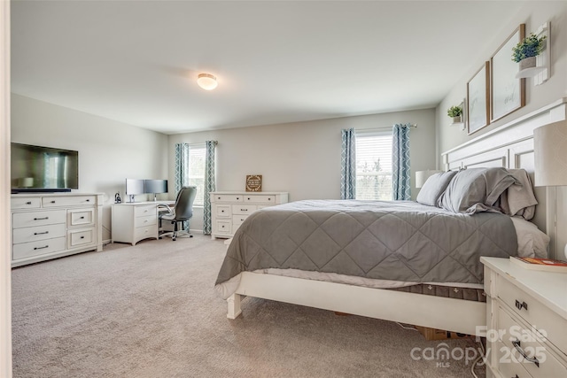 bedroom featuring light carpet