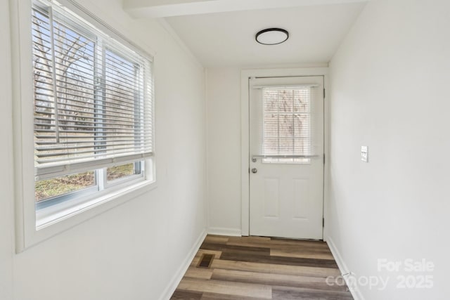 entryway featuring beam ceiling and dark wood-type flooring