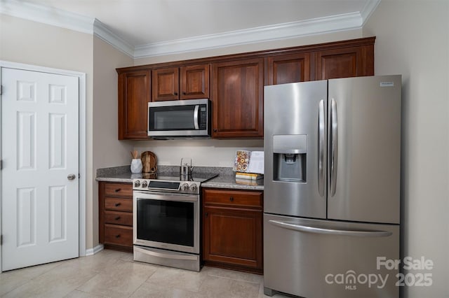 kitchen with stone counters, appliances with stainless steel finishes, and ornamental molding