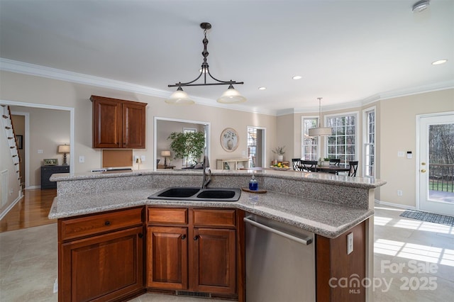 kitchen with stainless steel dishwasher, crown molding, a kitchen island with sink, and a sink