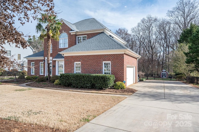 view of front of property with brick siding, a shingled roof, concrete driveway, a yard, and an attached garage