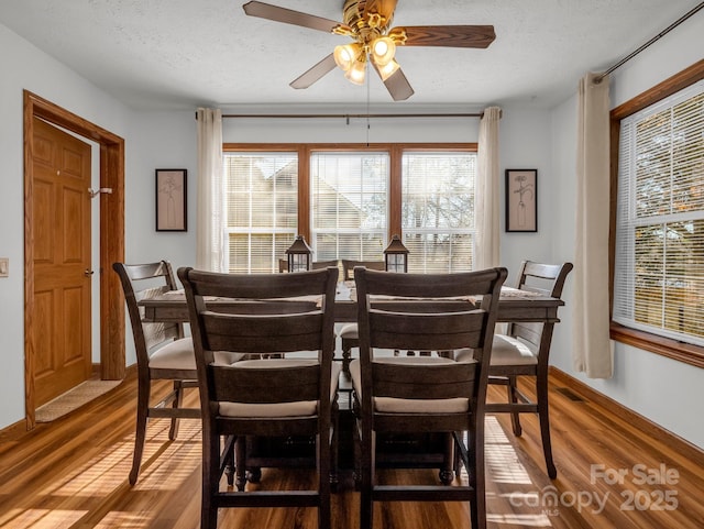 dining space with ceiling fan, hardwood / wood-style floors, and a textured ceiling