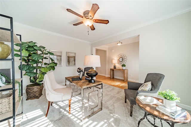 living room featuring ornamental molding and ceiling fan