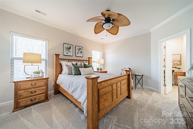 carpeted bedroom featuring ceiling fan and ornamental molding